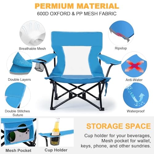 Joyfair Beach Camping Chair (2 Pack), Outdoor Folding Lawn Chair for Adult, Heavy Duty Portable Chair with Armrest for Outside Fishing, Sport, Cup Holder & Storage Pocket, Carry Bag (Blue, Classic)