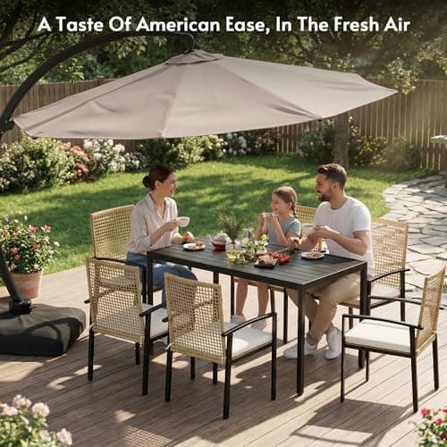 7-Piece Outdoor Dining Set for 6, Patio Dining Set with Hand-Woven Wicker Chairs & Cushions, 60" x 33" x 30" Wider Aluminum Woodgrain Table for Deck, Garden, Backyard