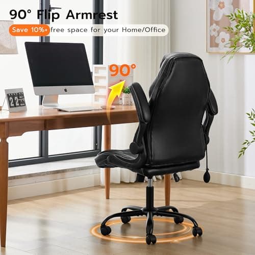Ylzyxal Office Desk Chair, Ergonomic Computer Chair with Padded Flip-Up Arms and Adjustable Lumbar Support, PU Leather Executive Chair with Tilt Lock and 360° Swivel Rolling Wheels for Work, Study