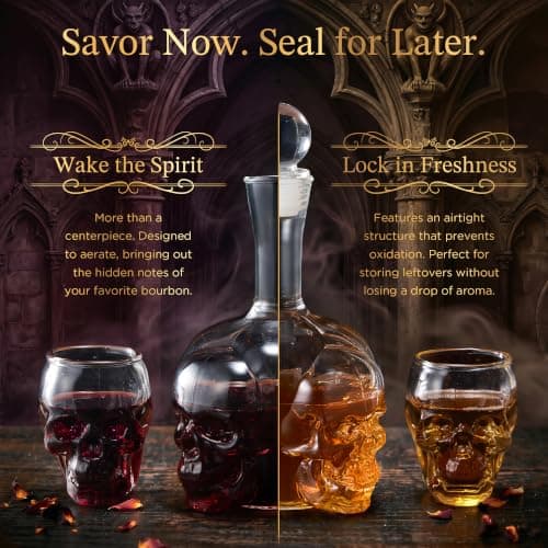 Spooky Skeleton Glass Decanter, Dark Academia Home Bar Decor & Man Cave, Cool Halloween Gifts for Men & Whisky Lovers Gothic Skull Whiskey Decanter Set, 34 oz, with 2 Rocks Glasses B0HC61CTR3