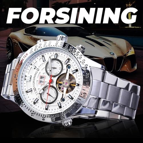 FORSINING Men Tourbillon Mechanical Self-Wind Watch, Day Date Month Full Calendar, Luminous Tachymeter Multifunctional Automatic Watches, Carved Big Dial Stainless Steel Band Wrist Watch