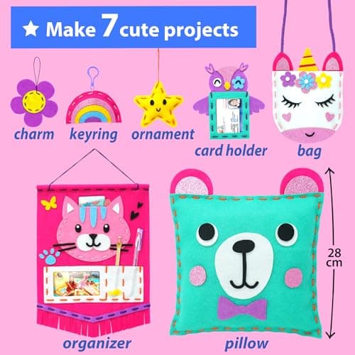 7 stuffed animal & plush pillow projects. Pre-punched felt & instructions included. Gift for girls & boys KRAFUN My First Sewing Kit for Kids Ages 6-12 | 7 Animal Dolls B091GXM2Y6