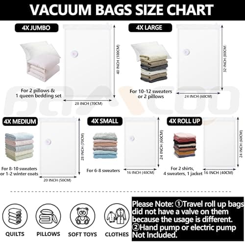 Space Saver Vacuum Storage Bags Upgraded 20 Pack(4 Jumbo 4 Large 4 Medium 4 Small 4 Roll Up) Vaccine Sealed Storage Bags, Vacuum Seal Compression Suction Bag for Packing Blankets Comforters