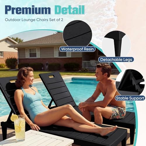 Devoko Outdoor Chaise Lounge Chair Set of 2 with 5-Position Adjustable Back, Waterproof & Lightweight PP Lounge Chairs for Outside Pool Patio (Black)