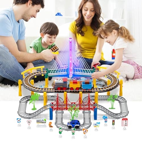 Electric Train Set for Kids Ages 4-8 with Train Tracks Set & Car Tracks Lights Up Bridge Road Sign Realistic Sound Train Track Accessories Playset Boy Toys Birthday 4 5 6 7 8+ Year Old