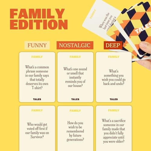 TALES 150 Conversation Cards, Family Edition, Perfect for Family Games for Adults, Teens, and Kids, Family Dinners, Game Nights, Gifts, Holidays, and Gatherings, Prompts for Meaningful Connections