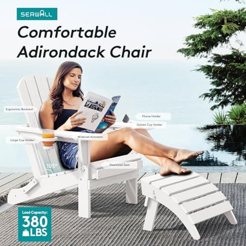 SERWALL Adirondack Chair with Cup Holders - Composite Adirondack Chairs Set of 2 HDPE Outdoor Chairs All Weather Use- White