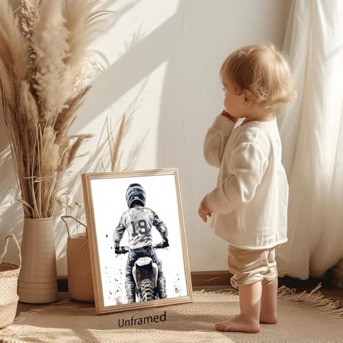 Motocross Wall Art MotoBike Art Prints Boy Room Decor Black&White Motorcycle Dirt Bike Motorcycle Helmet Canvas Pictures Artwork for Nursery Decor Kids Room Wall Decor,Set of 4(8”X10”inch,Unframed).