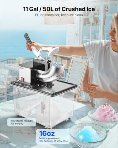 VEVOR Commercial Ice Crusher 661LBS/H, 350W Electric Snow Cone Machine with 4 Blades, 2000RPM Stainless Steel Shaved Ice Machine with 11 Gal Crushed-Ice Box, for Family Restaurants Bars, Black