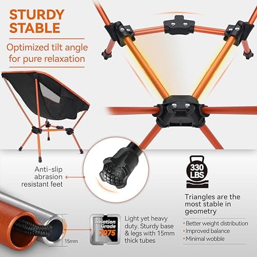 MARCHWAY Lightweight Folding Camping Chair, Portable Foldable Compact for Outdoor Camp, Travel, Beach, Picnic, Festival, Hiking, Backpacking, Supports 330Lbs (Orange)