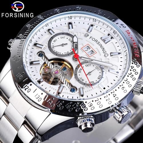 FORSINING Men Tourbillon Mechanical Self-Wind Watch, Day Date Month Full Calendar, Luminous Tachymeter Multifunctional Automatic Watches, Carved Big Dial Stainless Steel Band Wrist Watch