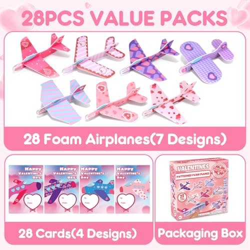 28 Pack Valentines Day Cards for Kids School with Foam Airplane, Valentines Day Gifts For Kids, Valentines Exchange Prize Gifts Cards Boys & Girl, Airplane Valentines Party Favors