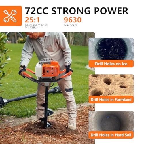 72CC Auger Post Hole Digger, 2 Stroke Gas Powered Earth Post Hole Digger with 2 Auger Drill Bits(6" & 8") + 1 Extension Rods for Farm Garden Plant, Orange (72CC)