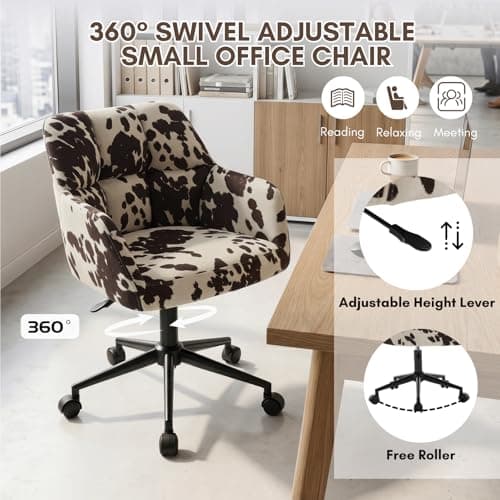 CIMOTA Cow Print Office Chair with Wheels, Height Adjustable Swivel Desk Chair with Arms & Mid Back, Comfy Fabric Vanity Computer Chair for Home Office/Living Room/Bedroom