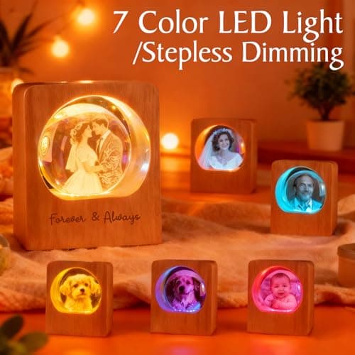 Personalized 3D Photo Crystal Ball, Memorial Gifts, Custom Engraved Picture Lamp with Wood Base, Color Changing Crystal Globe for Pets, Couples, Babies, Parents, Birthdays, Anniversaries(Circle)