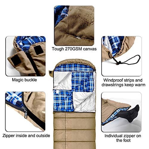 0 Degree Canvas Sleeping Bag for Adults, Cotton Flannel Sleeping Bag for Winter Camping, Fishing, Hunting or Traveling, Durable Cotton Canvas Shell and Removable Flannel Liner