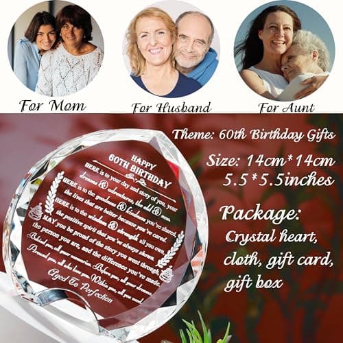 60th Birthday Gifts for Women Men - Crystal Heart Personalized 1964 60 Year Old Present for Her Him - Happy Birthday Gift Ideas for Mom Dad Unique