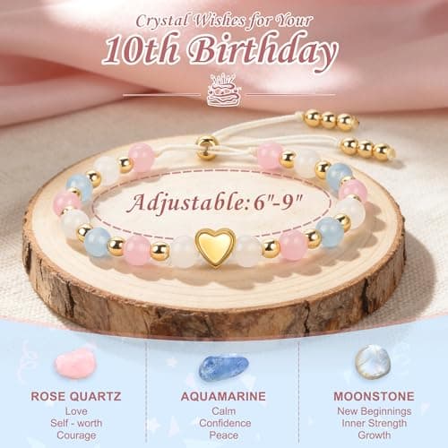 Natural Healing Crystal Bracelets, Aquamarine Moonstone Rose/Clear Quartz Adjustable Beaded Bracelet, Gifts For Teen Girls Sereney Birthday Gifts for Girls, 9-18 Year Old Birthday Crystal Bracelets B0GS1K1FNR