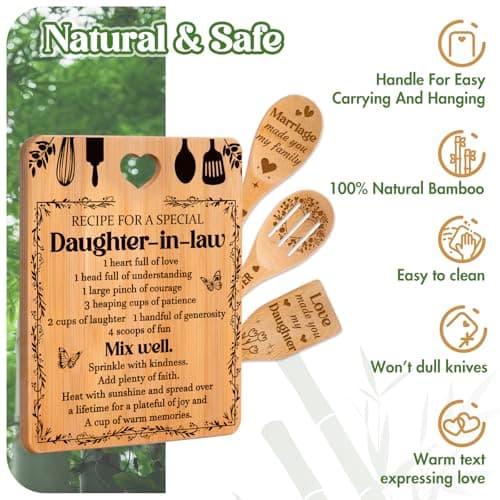 Gifts for Daughter in Law - "Recipe for a Special Daughter-in-Law" Daughter in Law Birthday Gifts Cutting Board Set, Bamboo-Made Engraved Utensil Set Christmas Gifts for Daughter in Law