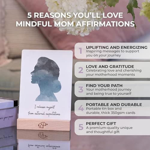 New Mom Affirmation Cards - 50 Postpartum Affirmation Cards for Women - Pregnancy & Self-Care Gifts for New Mom After Birth in Tin Box with Wooden Stand
