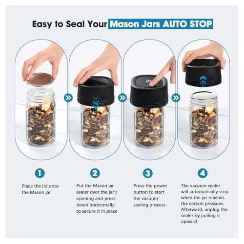 ZIWEO Mason Jar Vacuum Sealer Kit for Wide Mouth and Regular Mouth Mason Jars, Electric Vacuum Sealer with Suction Nozzle, 10 Lids and 1 Vacuum Bag, Compact and Auto Stop Design