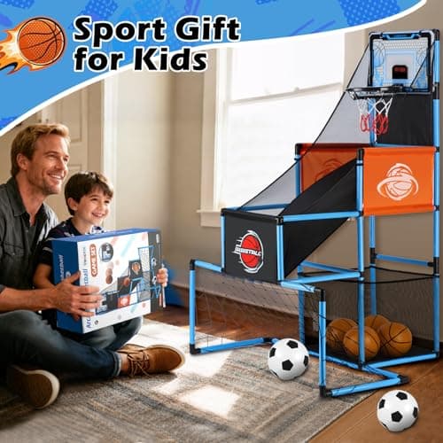 2 in 1 Basketball Arcade Game & Soccer Goal for Kids, Adjustable Kid Basketball Hoop with 6 Balls and Pump, Indoor Outdoor Games for Kid Toys for 3-12 Year Old Kids Birthday Gifts for Boys Girls