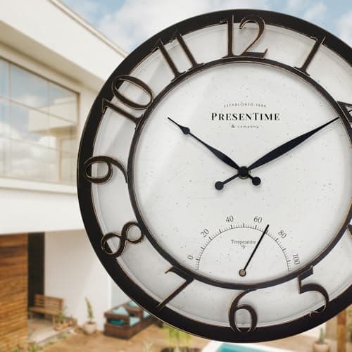 Presentime & Co 13" Farmhouse Outdoor Wall Clock w/Outdoor Thermometer, Cottage Style, Raised 3D Arabic Numerals, Oil Rubbed Bronze Finish (Wall Clock for Patio, Cottage, Poolside, Garden Spaces)