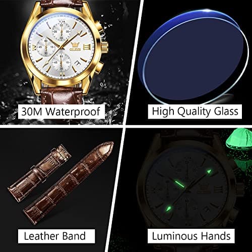 OLEVS Men's Casual Leather Watch, Big Face Chronograph Watch for Men, Fashion Easy to Read Dress Watch, Men's Waterproof Luminous Date Analog Watch, Gold/Black/White/Blue Dial