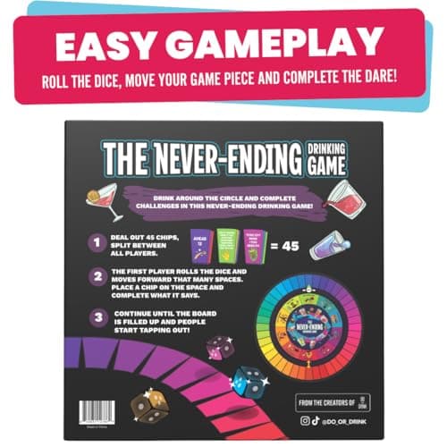 The Never-Ending Drinking Game Board Game For Adults 21+ – Dice & Dare Party Game for 2+ Players, Funny Adult Drinking Game for Parties, Pregames & Birthday Game Night, Spill-Proof Rubber Board