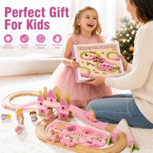 Princess Castle & Magnetic Trains, Compatible with Most Wooden Train Tracks, Birthday Gift for Girls 3 4 5 Year Old Atoylink Wooden Train Set for Toddler Girls, 40Pcs Pink Unicorn Train Toys B0H6HGYDWR