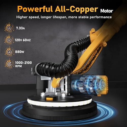 GEVEELIFE Drywall Sander, 880W Popcorn Ceiling Removal Tool, Drywall Sander with Vacuum Dust Collector, 5 Variable Speed 1000-2100RPM, LED Light, Foldable & Extendable Handle, 12 Sanding Discs