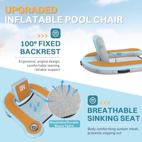 Adults Inflatable Pool Float Chair, Floating Lounger with Cup Holder, 100° Fixed Backrest, Breathable & Sinking Mesh Seat, Inflatable Lounger Float for Swimming Pool/Beach/Lake/Party