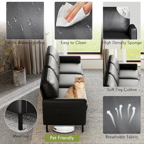 STHOUYN 72" W Faux Leather Black Sofa 3 Seat Couch, Modern Comfy Couch with 2 USB, Small Couches for Living Room Apartment Bedroom Small Spaces, Office(Black (Sofa))