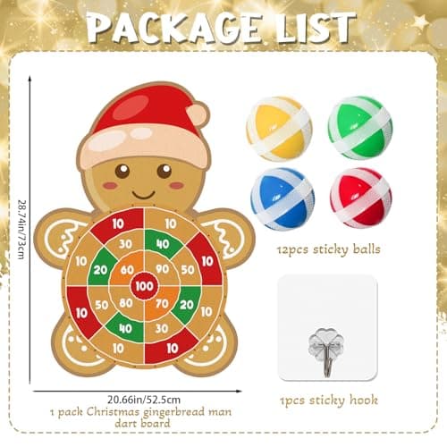 YQUQWN Large Christmas Dart Board for Kids 28.7 Inch Gingerbread Man Target with 12 Sticky Balls Hook Christmas Indoor Decorations Party Toys Gifts for Family