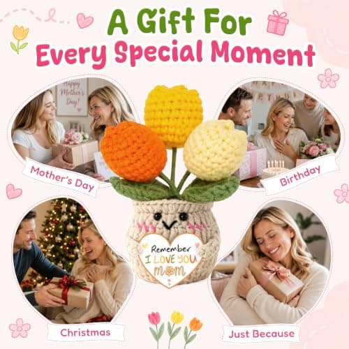 Mom Birthday Gifts, Mother Daughter Gift, Positive Crochet, Handmade Keepsake, Soft Yarn Texture, Cute Tulip Decor OASSIE Mom Gifts from Daughters Sons - Emotional Support Crochet Tulip