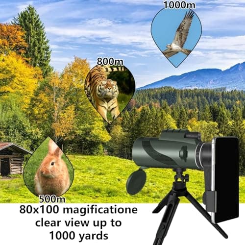 Monocular-Telescope 80x100 High Powered Monoculars High Definition for Adults High Powered with Smartphone Adapter Telescope Hunting Wildlife Bird Watching Travel Camping Hiking-Green