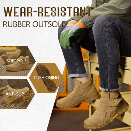GLANOUDUN Steel Toe Boots for Men Slip on Work Boots for Men Comfortable Safety Boot Indestructible Construction Footwear Laceless Men's Steel Toe Shoes Mid Top Work Shoes