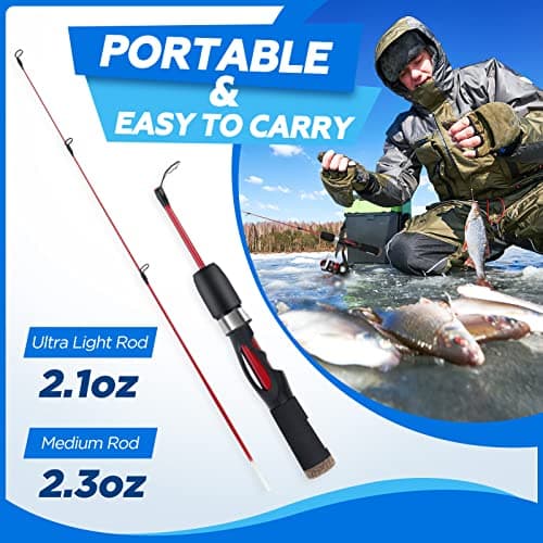 PLUSINNO Ultralight Ice Fishing Rod and Reel Combo, 25”/26”/27”/28” Sensitive Ice Fishing Pole Ice Fishing Gear for Walleye Perch Panfish Bluegill