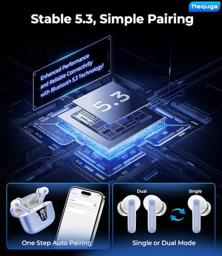 Nequga Wireless Earbuds Bluetooth Headphones, 50H Playtime Ear Buds with Mic, LED Digital Display Charging Case, IPX7 Waterproof, Deep Bass Stereo, in-Ear Earphone for iPhone Andriod Phone