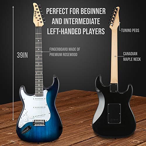LyxPro Left Hand 39 Inch Electric Guitar and Starter Kit for Lefty Full Size Beginner’s Guitar, Amp, Six Strings, Two Picks, Shoulder Strap, Digital Clip On Tuner, Cable and Soft Case - Blue