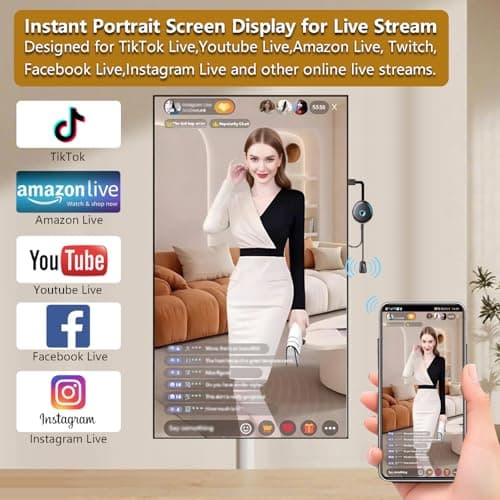 Wireless Display Adapter Designed for Multimedia Live Streaming Broadcast with Landscape/Portrait Screen Display Perfect for TikTok,YouTube,Amazon Live