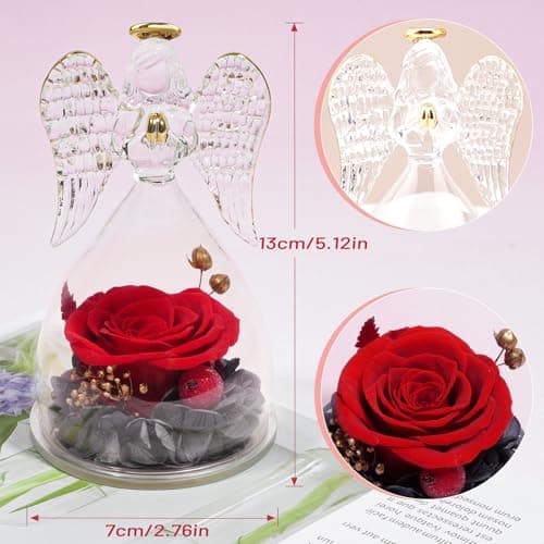 Miofula Preserved Flower Rose Birthday Gifts for Mom, Angel Figurines with Forever Real Rose Gifts for Her Mom Grandma, Unique Angels Gifts for Mothers Day Christmas Anniversary Birthday (Red)