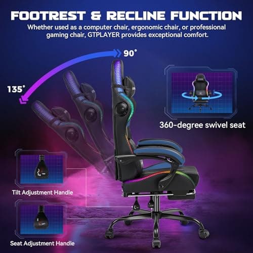 GTPLAYER RGB Gaming Chair with Speakers - LED Computer Game Chair for Adults, PC Home Office Chairs with Footrest & Lights, Reclining Desk Chairs, Dark Blue
