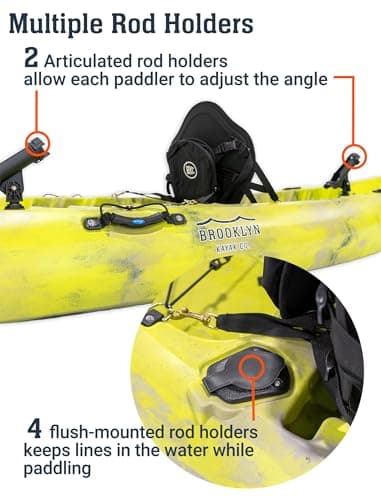Brooklyn 12.5 Tandem Sit-On-Top Fishing Kayak by BKC, 2–3 Person Kayak with Padded Seats, Paddles, 6 Rod Holders, 600 lb Capacity, Motor-Ready