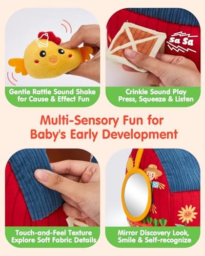 Baby Gifts Christmas Stocking Stuffers 6 Month Old Montessori Toys with Rattle, Crinkle, Texures, Mirror Infant Sensory Balls hahaland Baby Toys 6-12 Months - Surprise Barn Stuffed Farm Animals Plush B0CFX5H5MJ