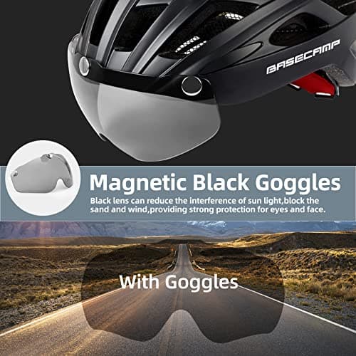 Bike Helmet, Basecamp Bicycle Helmet with Rear Light & Detachable Magnetic Goggles Lightweight Cycling Helmet Adjustable for Adult Men Women Mountain & Road (BC-069)