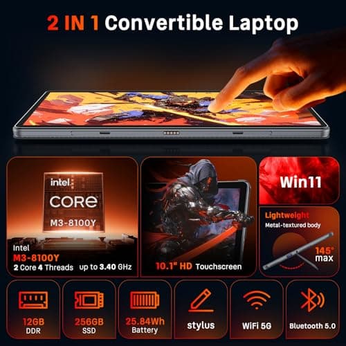 Tylvx 2-in-1Tablet Computer, 10.1" Touchscreen Tablet PC with Stylus and Case, Intel m3 8100Y up to 3.4GHz, 12GB RAM 256GB SSD, Win 11,for Home, Business, Students, Digital Sketching(Without Keyboard)