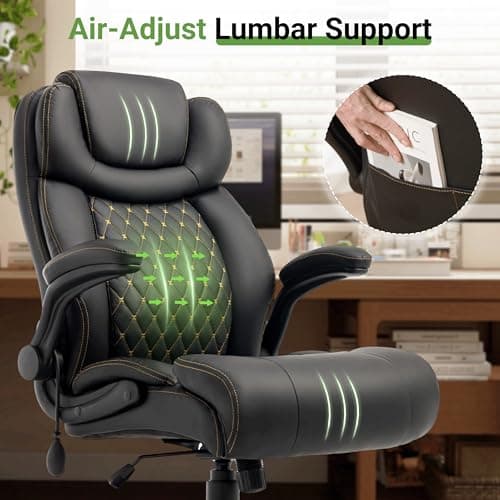 Office Chair, Big and Tall Executive Chairs with Lumbar Support for Back Pain, Breathable Desk Computer Chair with Adjustable Flip-up Armrests, Wide Cushion Swivel Home Office Chair Black PU