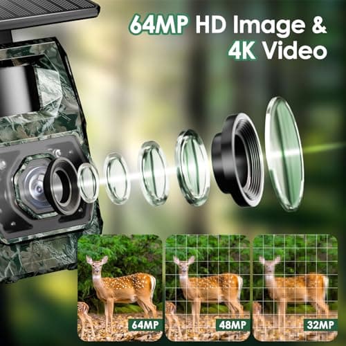 MAXDONE Solar Trail Camera WiFi Bluetooth - 4K 64MP Game Cameras with Night Vision Motion Activated IP66 Waterproof, with 5200mAh Battery and 32GB Memory Card Cameras for Outdoor and Backyard ﻿