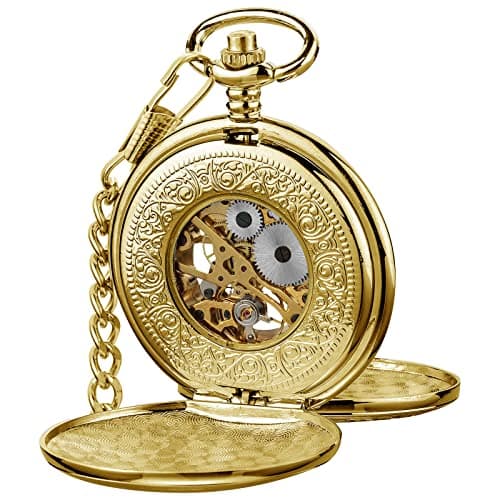 VIGOROSO Vintage Hand Wind Up Pocket Watches for Men, Mechanical Pocket Watch with Chain, Mens Skeleton Pocketwatch